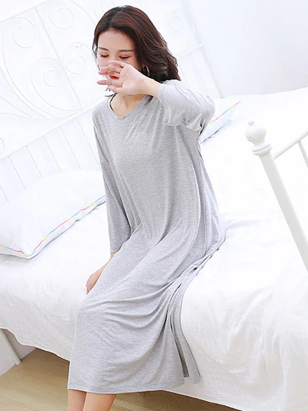 Modal Long Sleeve Split-Side Loose Pajamas Dress - Image 6