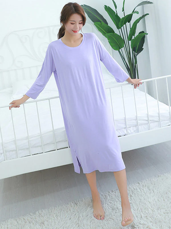 Modal Long Sleeve Split-Side Loose Pajamas Dress - Image 7