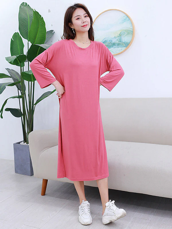 Modal Long Sleeve Split-Side Loose Pajamas Dress - Image 8
