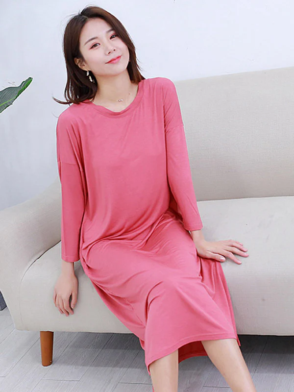 Modal Long Sleeve Split-Side Loose Pajamas Dress - Image 9
