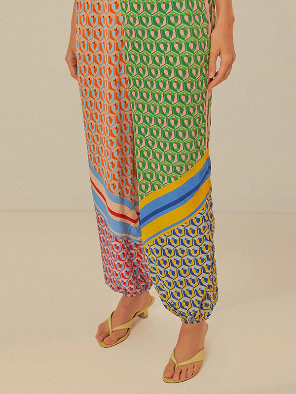 Multi-Color Patchwork Long-Sleeved Lapel Shirt Top + Baggy Pants Pocket Casual Pants Two-Piece Set - Image 10