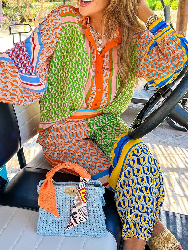 Multi-Color Patchwork Long-Sleeved Lapel Shirt Top + Baggy Pants Pocket Casual Pants Two-Piece Set - Image 2