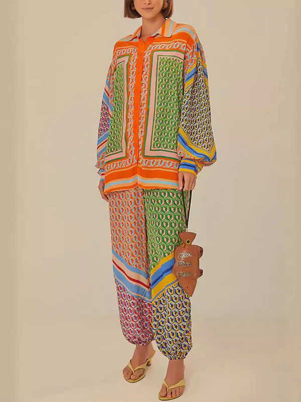 Multi-Color Patchwork Long-Sleeved Lapel Shirt Top + Baggy Pants Pocket Casual Pants Two-Piece Set - Image 5