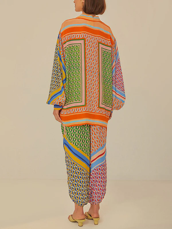 Multi-Color Patchwork Long-Sleeved Lapel Shirt Top + Baggy Pants Pocket Casual Pants Two-Piece Set - Image 6