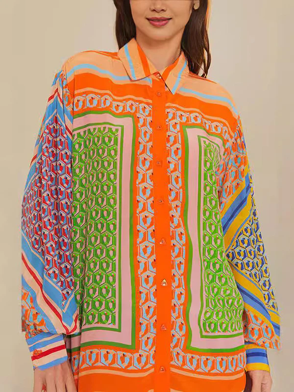 Multi-Color Patchwork Long-Sleeved Lapel Shirt Top + Baggy Pants Pocket Casual Pants Two-Piece Set - Image 7