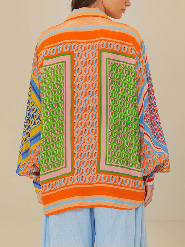 Multi-Color Patchwork Long-Sleeved Lapel Shirt Top + Baggy Pants Pocket Casual Pants Two-Piece Set - Image 8