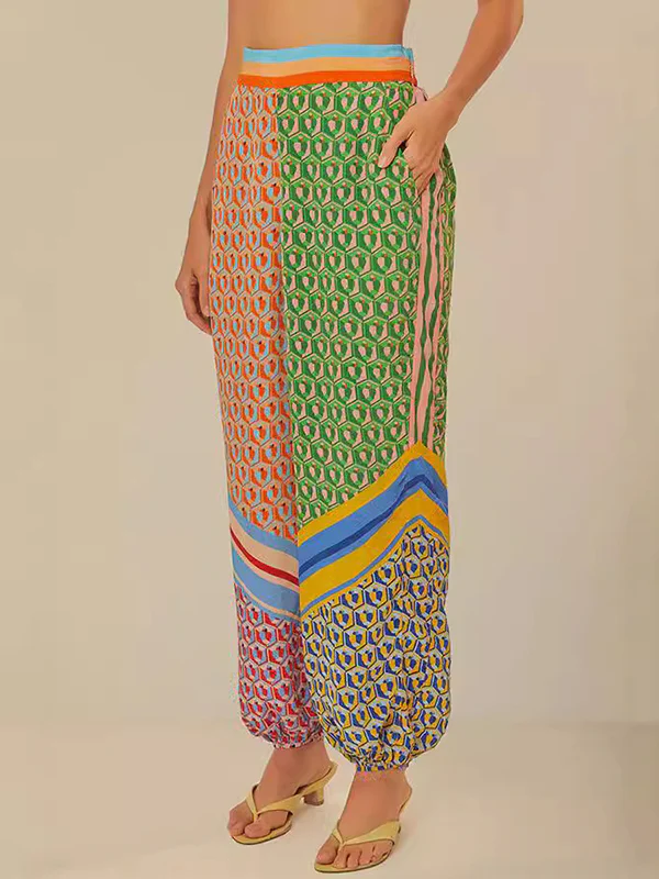 Multi-Color Patchwork Long-Sleeved Lapel Shirt Top + Baggy Pants Pocket Casual Pants Two-Piece Set - Image 9