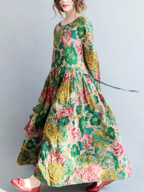 National Style Flower Printed Long Dress - Image 2