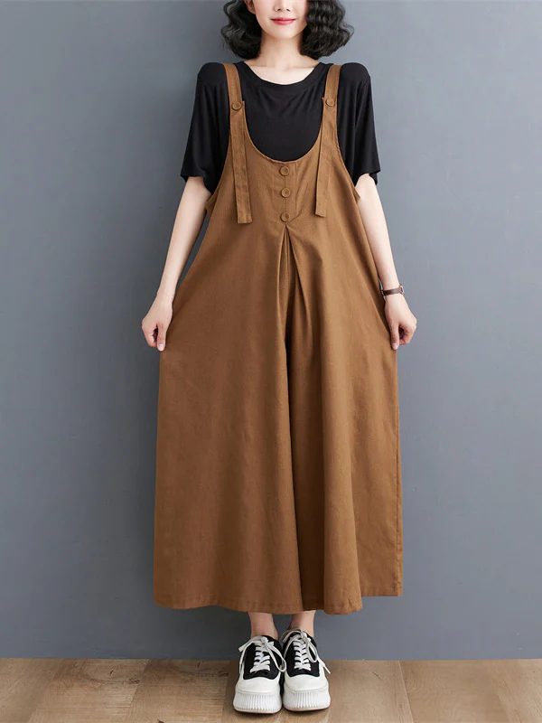 Ninth Pants Wide Leg Buttoned Solid Color Spaghetti-Neck Overalls - Image 10