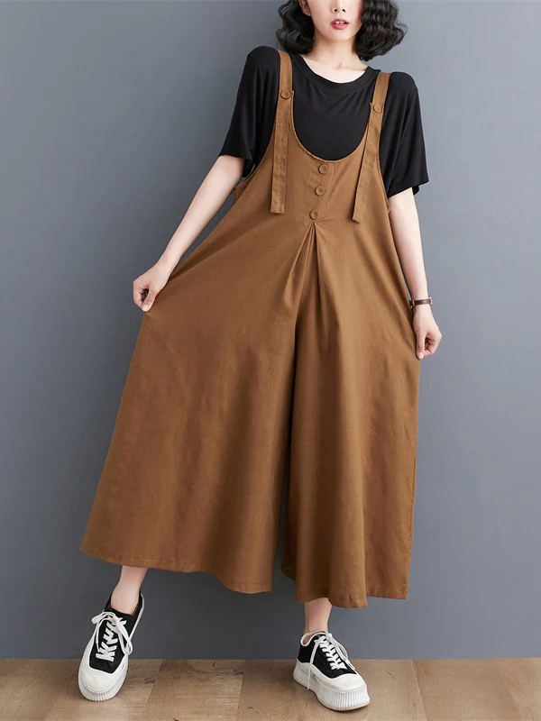 Ninth Pants Wide Leg Buttoned Solid Color Spaghetti-Neck Overalls - Image 11