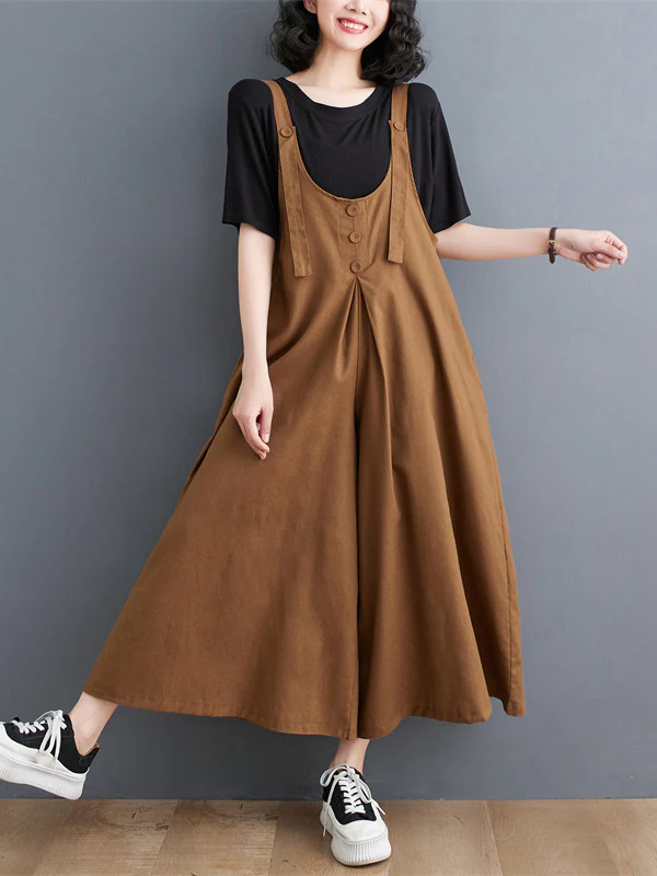 Ninth Pants Wide Leg Buttoned Solid Color Spaghetti-Neck Overalls - Image 2