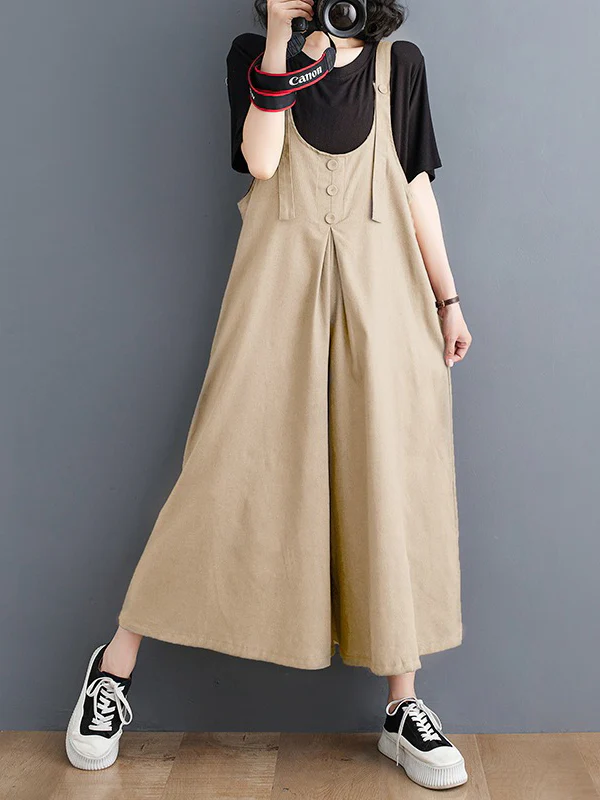 Ninth Pants Wide Leg Buttoned Solid Color Spaghetti-Neck Overalls - Image 3
