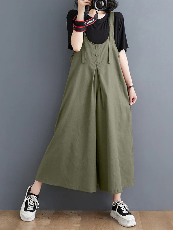 Ninth Pants Wide Leg Buttoned Solid Color Spaghetti-Neck Overalls - Image 4