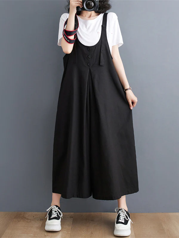 Ninth Pants Wide Leg Buttoned Solid Color Spaghetti-Neck Overalls - Image 5