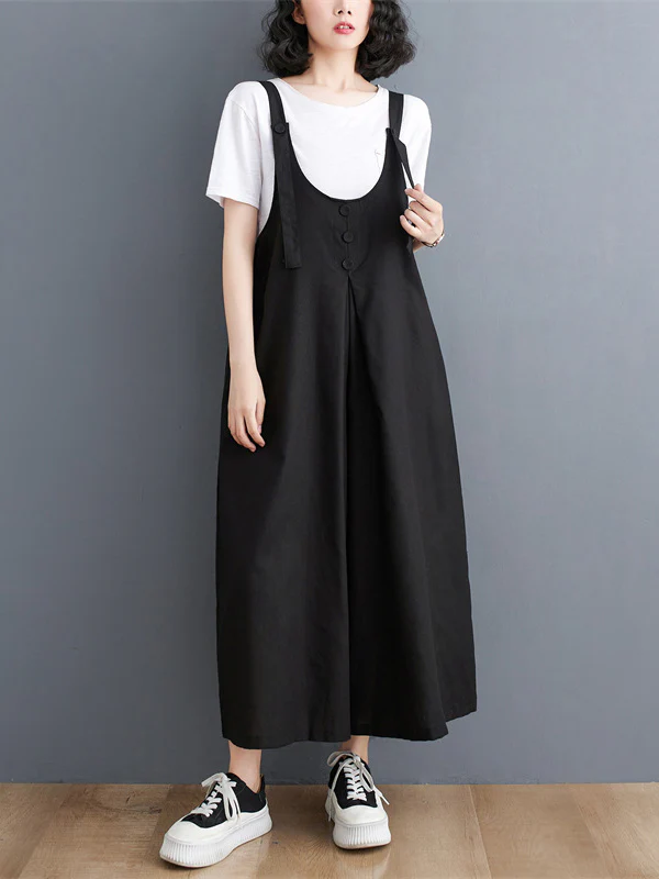 Ninth Pants Wide Leg Buttoned Solid Color Spaghetti-Neck Overalls - Image 6