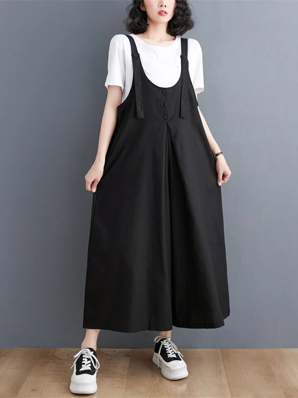 Ninth Pants Wide Leg Buttoned Solid Color Spaghetti-Neck Overalls - Image 7