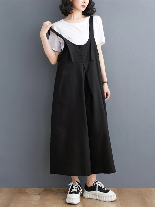 Ninth Pants Wide Leg Buttoned Solid Color Spaghetti-Neck Overalls - Image 8