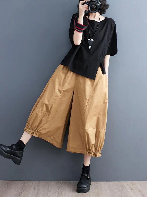 Ninth Pants Wide Leg Solid Color Split-Joint Casual Pants Bottoms - Image 3