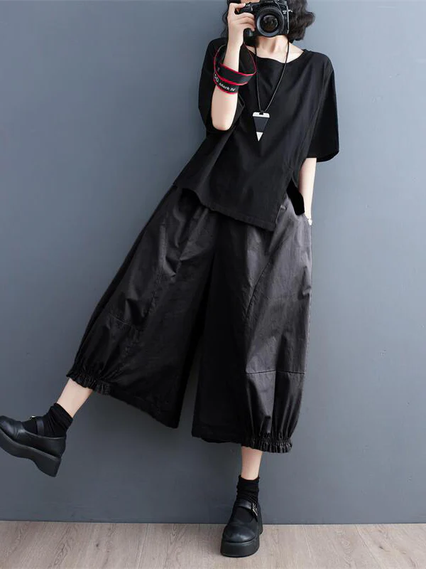 Ninth Pants Wide Leg Solid Color Split-Joint Casual Pants Bottoms - Image 6