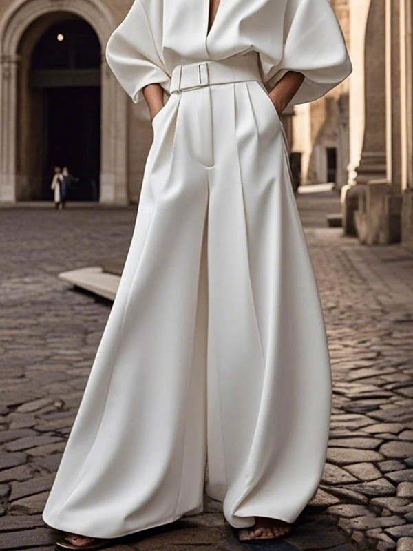 Half Sleeves Loose No Belt Solid Color Deep V-Neck Jumpsuits - Image 3