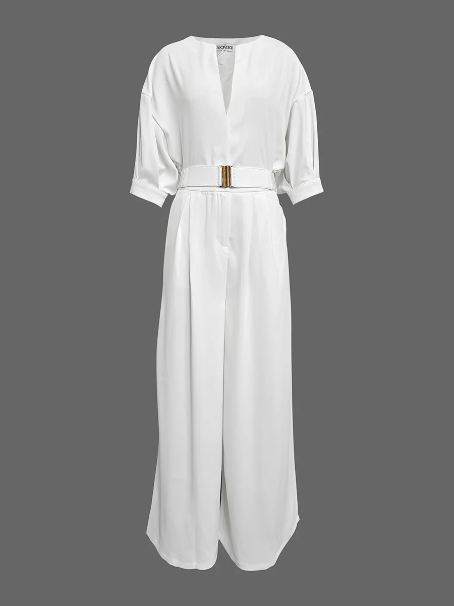 Half Sleeves Loose No Belt Solid Color Deep V-Neck Jumpsuits - Image 4