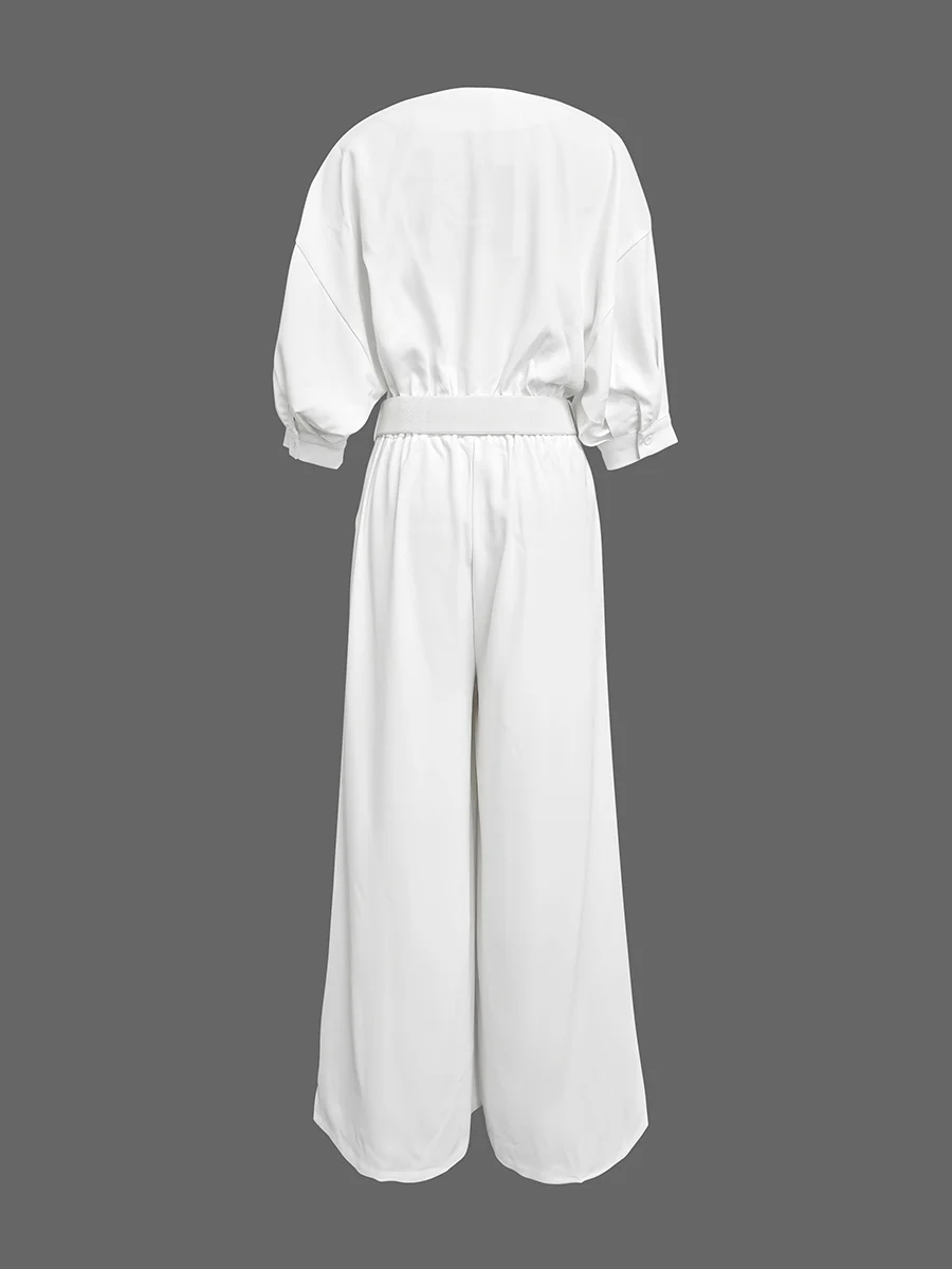 Half Sleeves Loose No Belt Solid Color Deep V-Neck Jumpsuits - Image 5