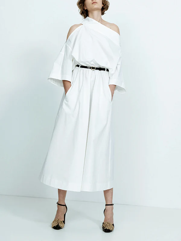 Long Sleeves Loose No Belt Solid Color Off-The-Shoulder Midi Dresses