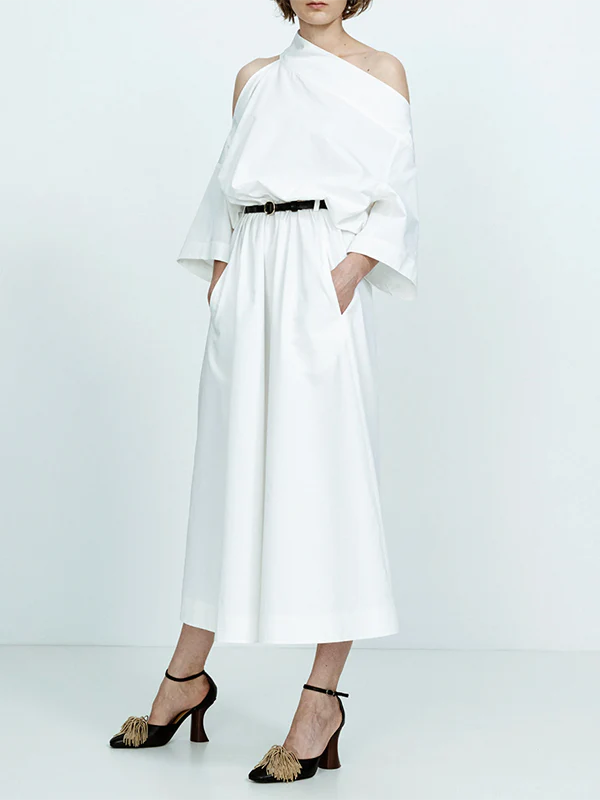Long Sleeves Loose No Belt Solid Color Off-The-Shoulder Midi Dresses - Image 2