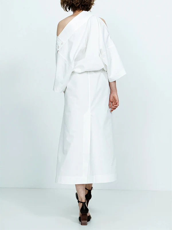 Long Sleeves Loose No Belt Solid Color Off-The-Shoulder Midi Dresses - Image 3