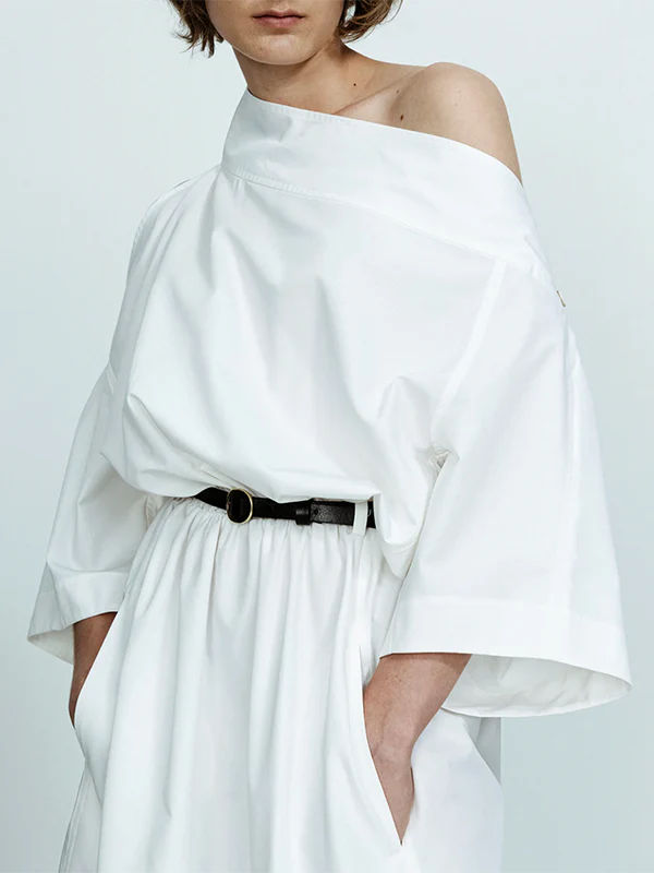 Long Sleeves Loose No Belt Solid Color Off-The-Shoulder Midi Dresses - Image 4