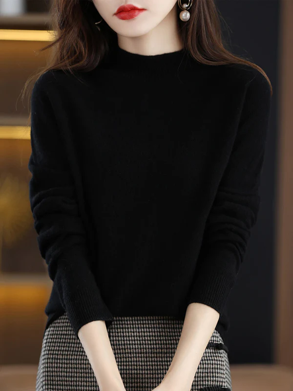 Office Long Sleeves Solid Color High-Neck Sweater Tops Pullovers - Image 10