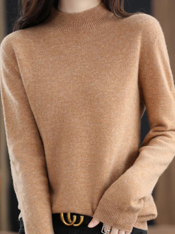 Office Long Sleeves Solid Color High-Neck Sweater Tops Pullovers - Image 12