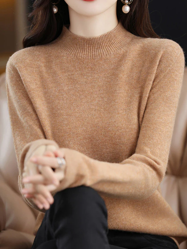 Office Long Sleeves Solid Color High-Neck Sweater Tops Pullovers - Image 13