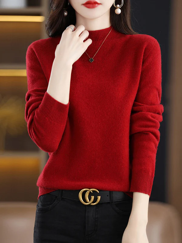 Office Long Sleeves Solid Color High-Neck Sweater Tops Pullovers - Image 14