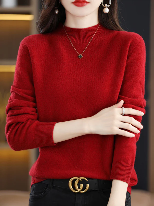 Office Long Sleeves Solid Color High-Neck Sweater Tops Pullovers - Image 15