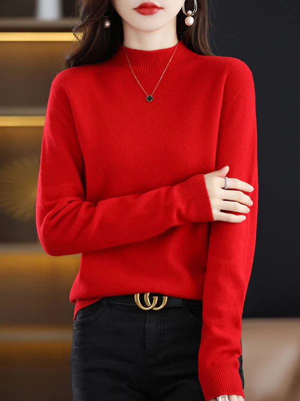 Office Long Sleeves Solid Color High-Neck Sweater Tops Pullovers - Image 17