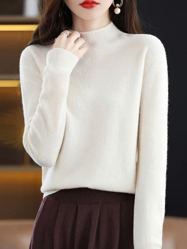 Office Long Sleeves Solid Color High-Neck Sweater Tops Pullovers - Image 19
