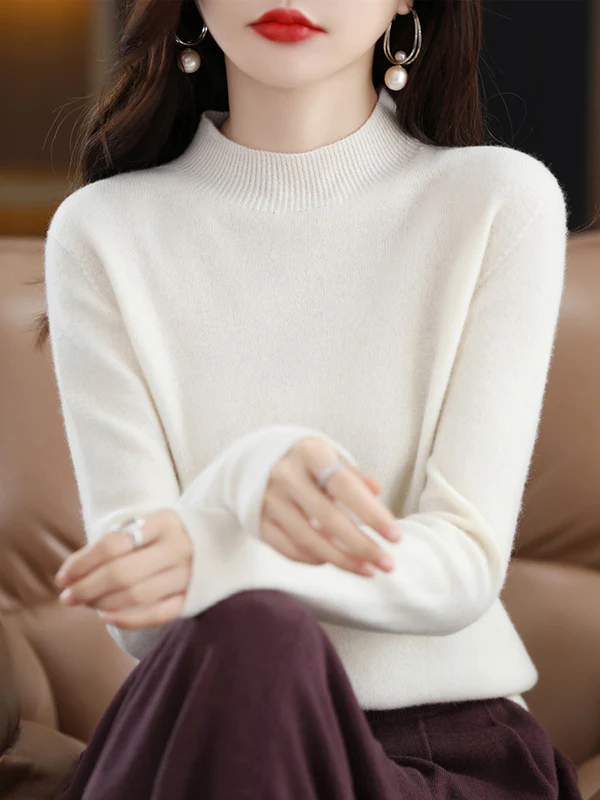 Office Long Sleeves Solid Color High-Neck Sweater Tops Pullovers - Image 20