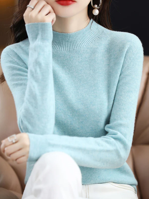 Office Long Sleeves Solid Color High-Neck Sweater Tops Pullovers - Image 24