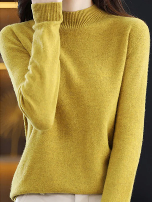 Office Long Sleeves Solid Color High-Neck Sweater Tops Pullovers - Image 26