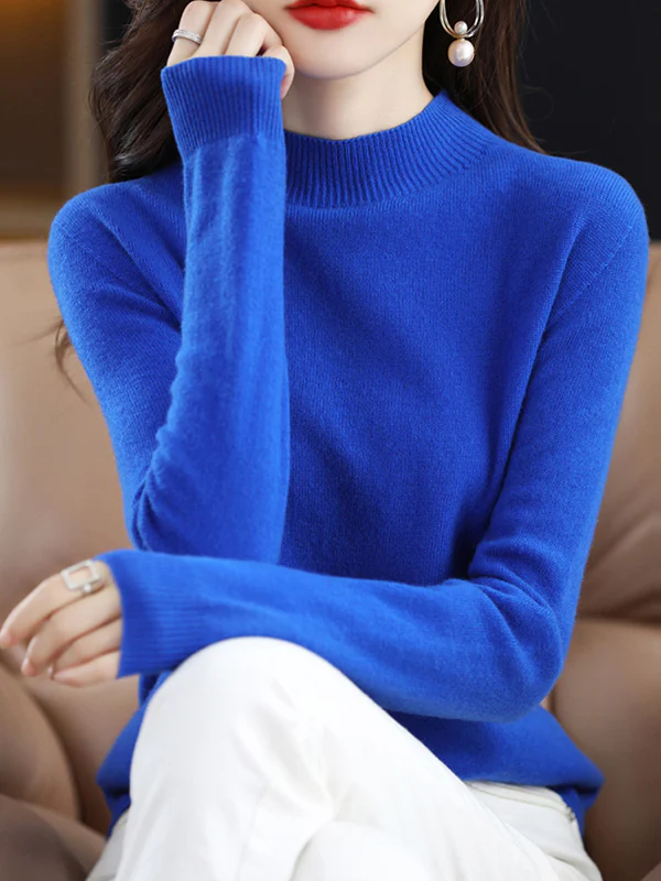 Office Long Sleeves Solid Color High-Neck Sweater Tops Pullovers - Image 29