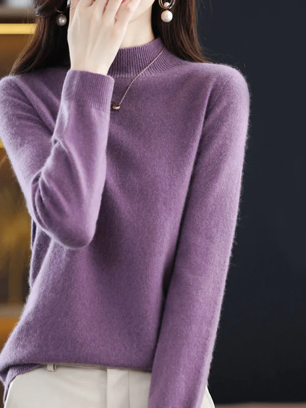Office Long Sleeves Solid Color High-Neck Sweater Tops Pullovers - Image 30
