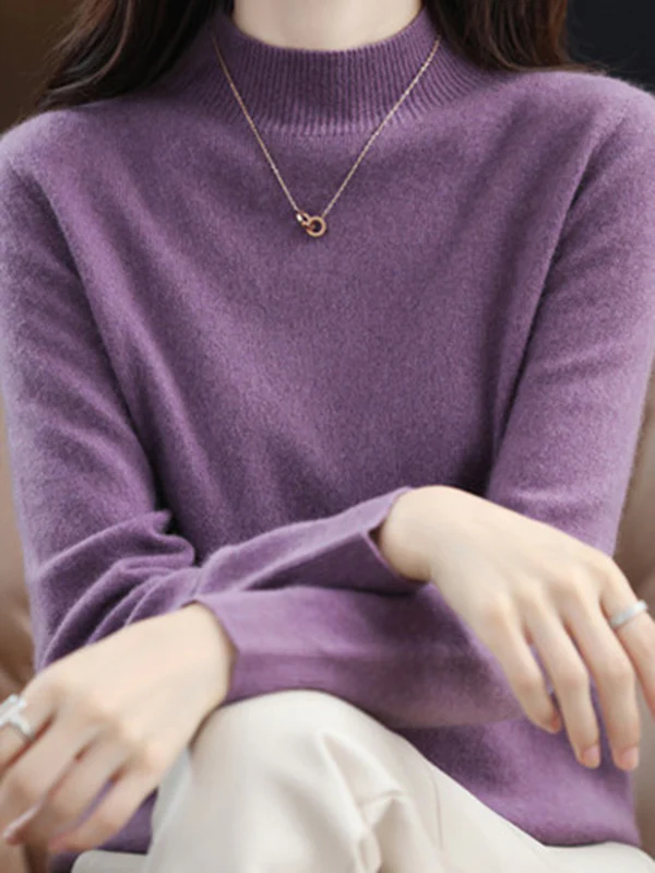 Office Long Sleeves Solid Color High-Neck Sweater Tops Pullovers - Image 31
