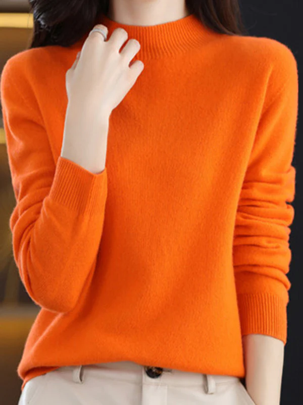 Office Long Sleeves Solid Color High-Neck Sweater Tops Pullovers - Image 33