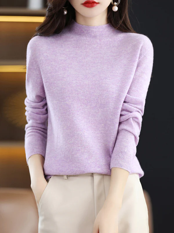 Office Long Sleeves Solid Color High-Neck Sweater Tops Pullovers - Image 35