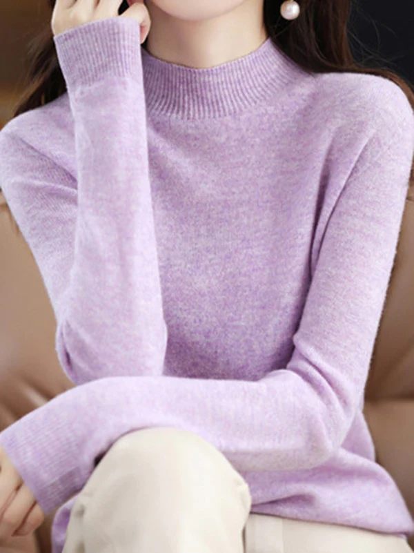 Office Long Sleeves Solid Color High-Neck Sweater Tops Pullovers - Image 36