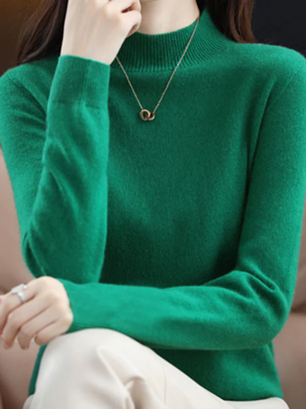 Office Long Sleeves Solid Color High-Neck Sweater Tops Pullovers - Image 4