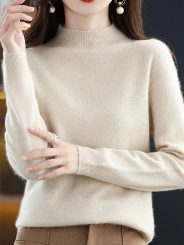 Office Long Sleeves Solid Color High-Neck Sweater Tops Pullovers - Image 7