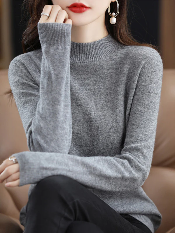 Office Long Sleeves Solid Color High-Neck Sweater Tops Pullovers - Image 9
