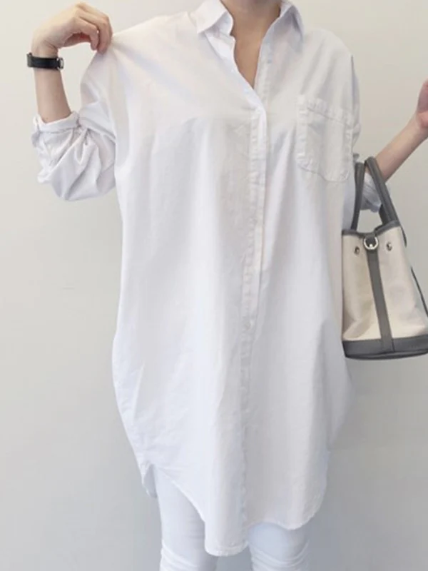 Office Long Sleeves Solid Color Lapel Blouses Shirt Dress - Image 2